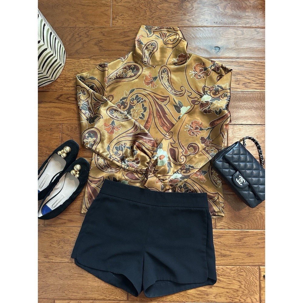 Vintage TESS Silk Paisley Print Mock Neck Blouse Gold Brown Back Buttons Top